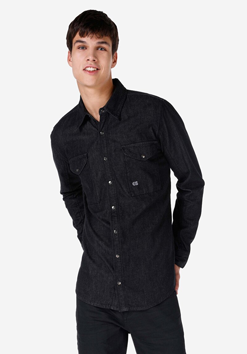 Oversize Fit Klasik Yaka Düz Erkek Mavi Uzun Kol Gömlek