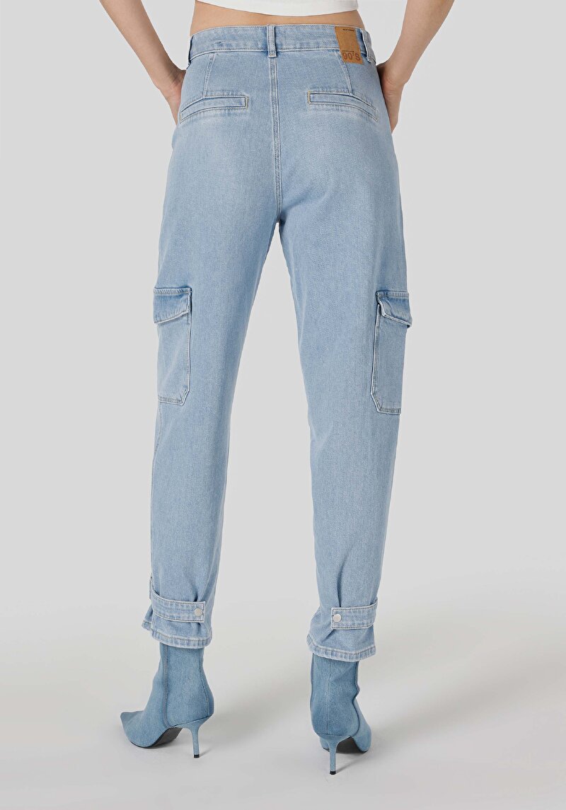 Cargo Fit Orta Bel Daralan Paça Kadın İndigo Jean Pantolon