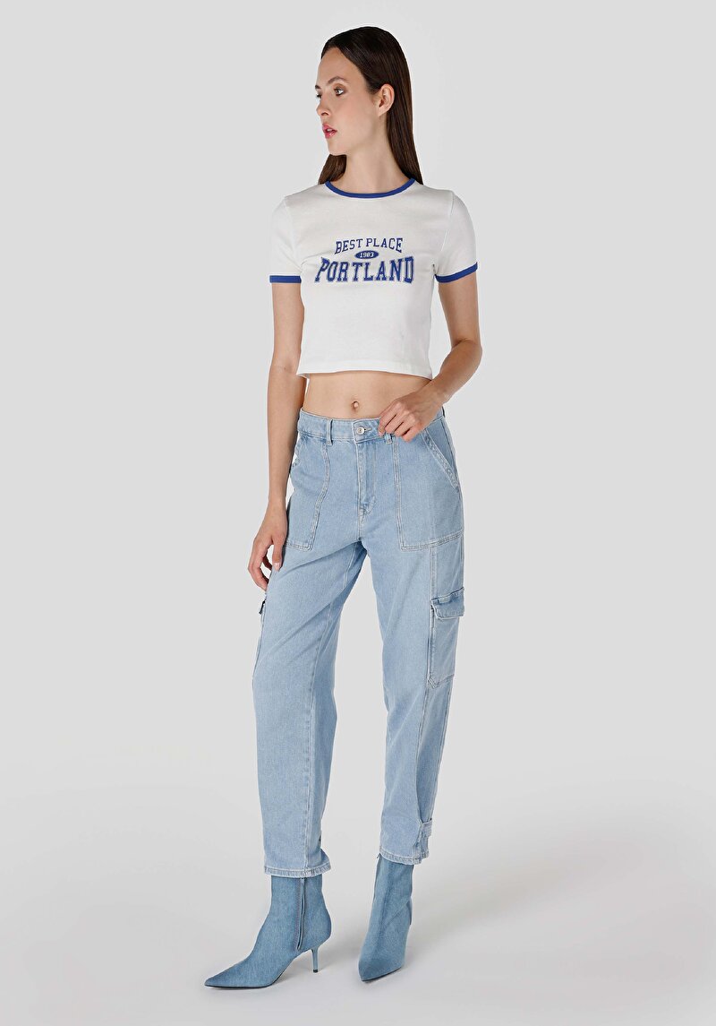 Cargo Fit Orta Bel Daralan Paça Kadın İndigo Jean Pantolon