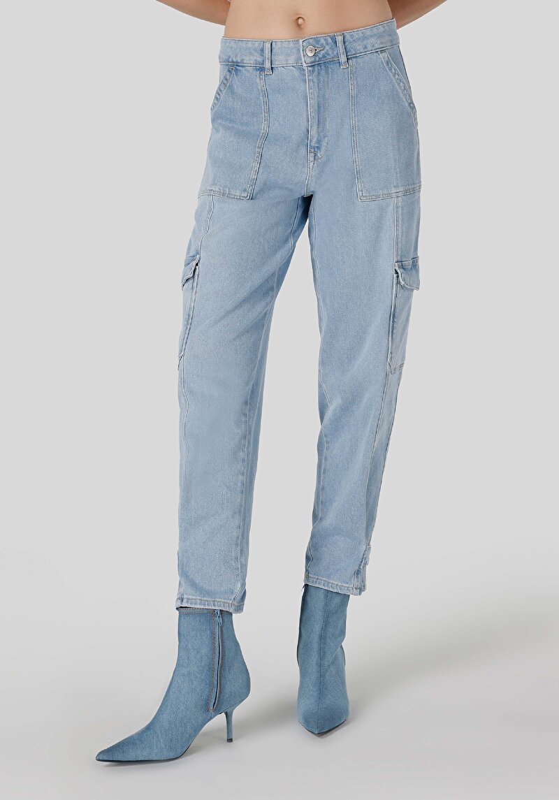 Cargo Fit Orta Bel Daralan Paça Kadın İndigo Jean Pantolon
