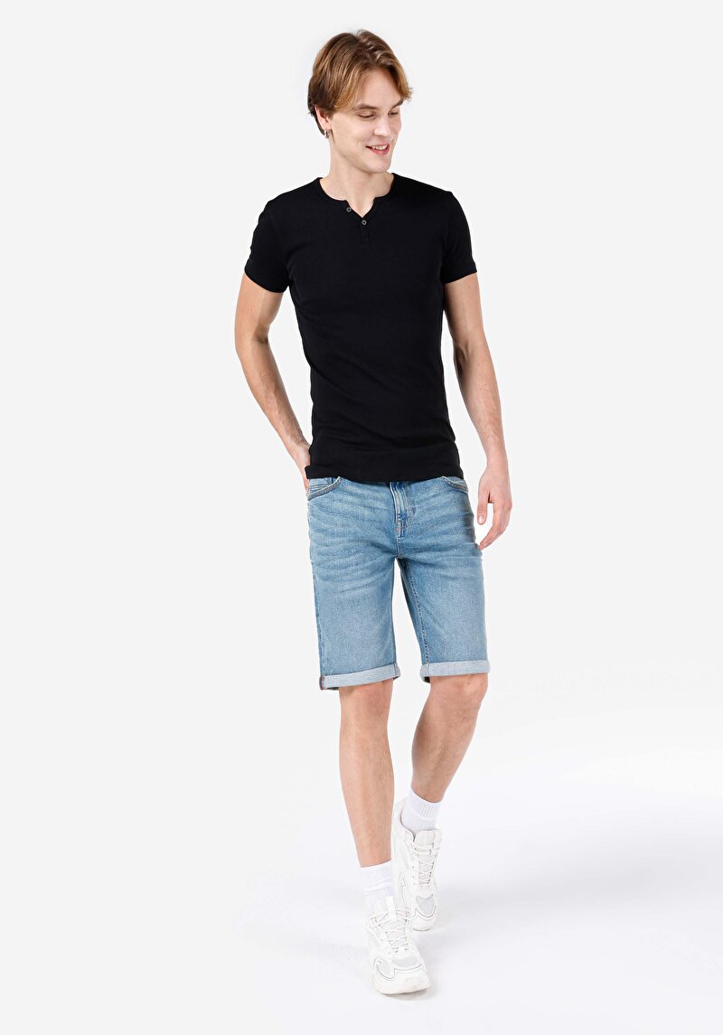 Straight Fit Düşük Bel Erkek Light İndigo Denim Cepli Jean Şort