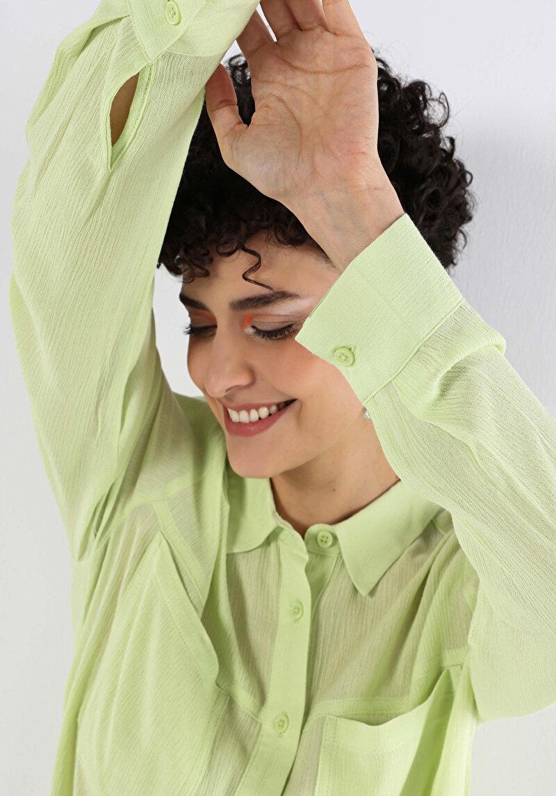 Regular Fit Shirt Neck Düz Kadın Yeşil Uzun Kol Gömlek