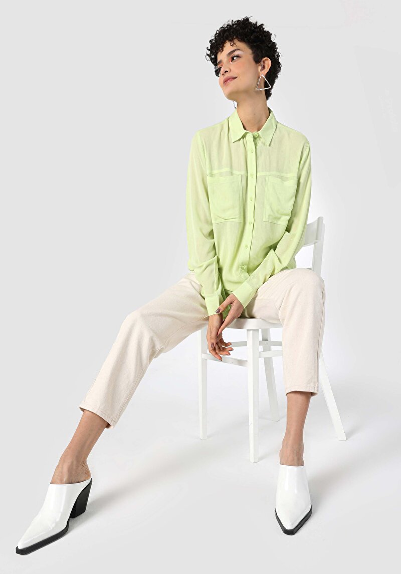 Regular Fit Shirt Neck Düz Kadın Yeşil Uzun Kol Gömlek