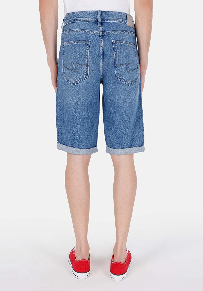 Straight Fit Düşük Bel Pamuklu Erkek İndigo Jean Şort