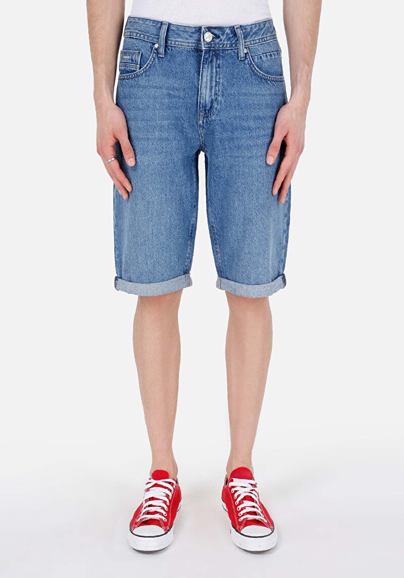 Straight Fit Düşük Bel Pamuklu Erkek İndigo Jean Şort