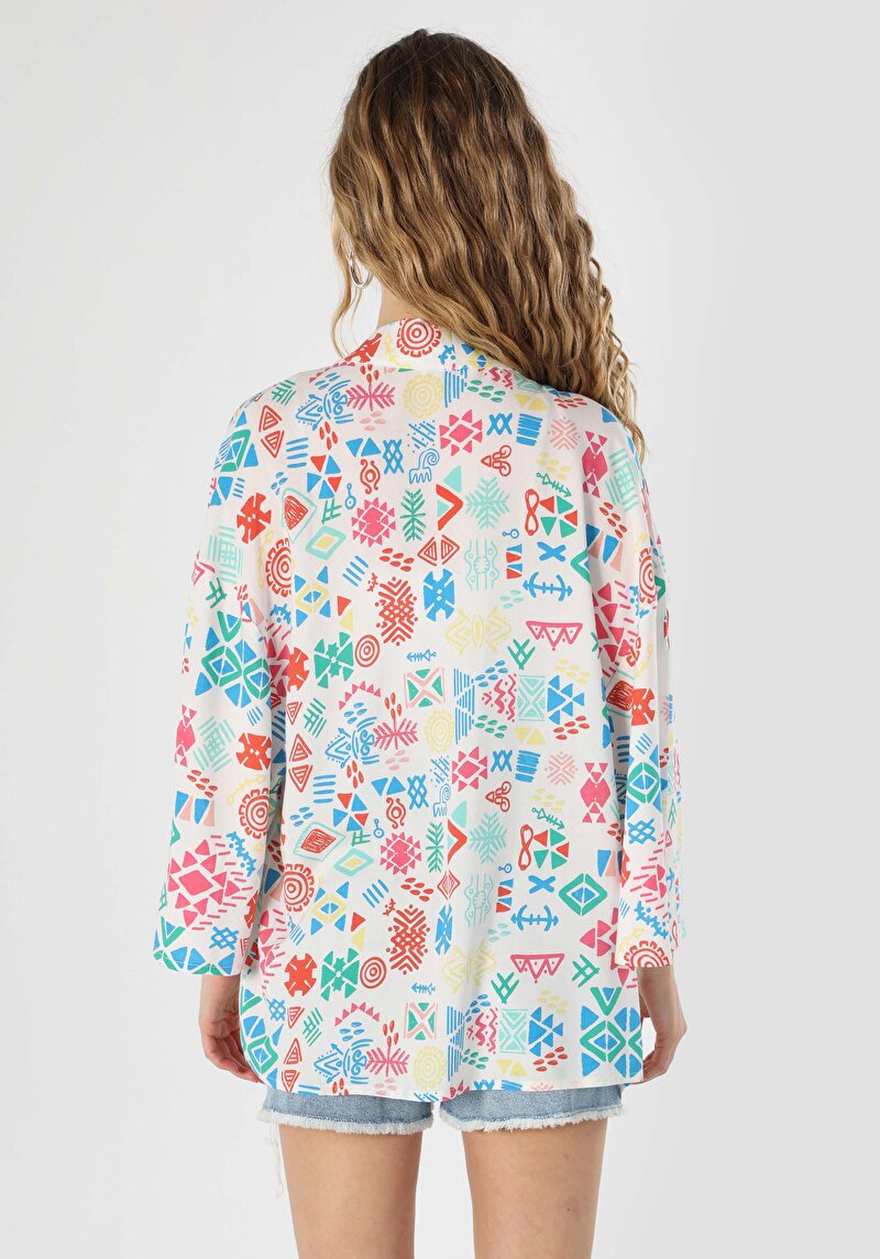 Relaxed Fit Klasik Yaka Baskılı Kadın Çok Renkli ¾ Kol Gömlek