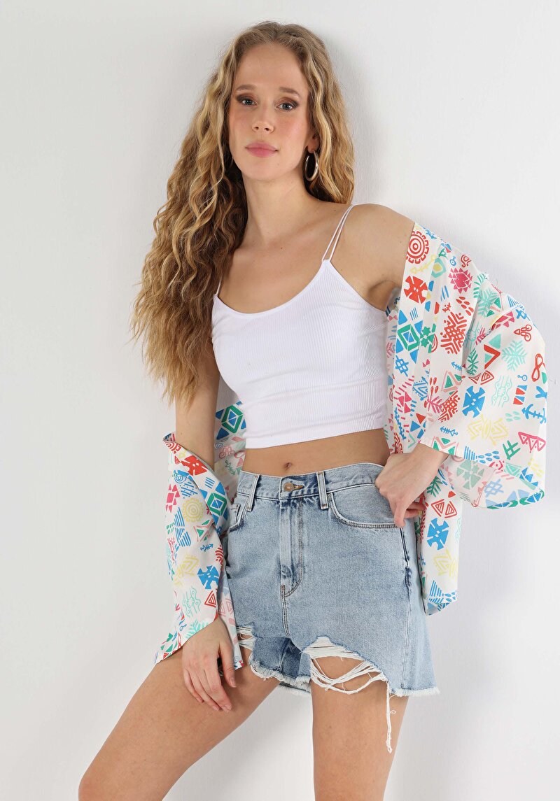 Relaxed Fit Klasik Yaka Baskılı Kadın Çok Renkli ¾ Kol Gömlek