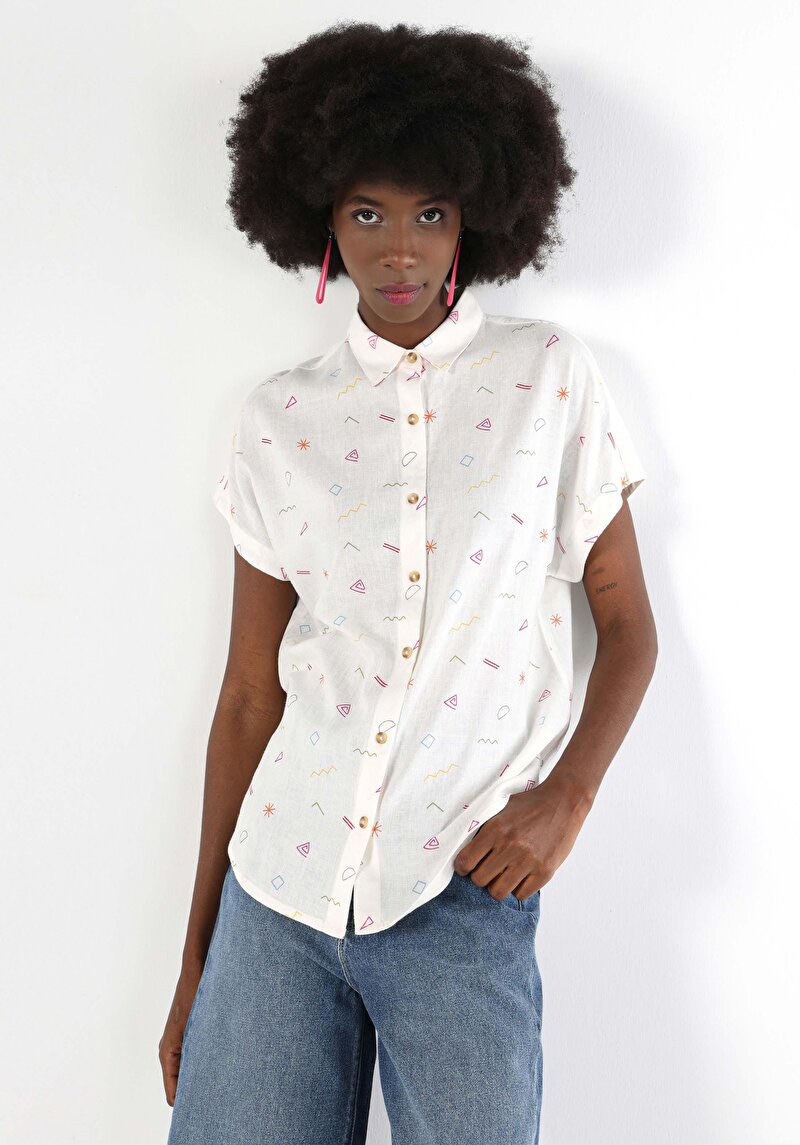 Regular Fit Shirt Neck  Kadın Beyaz Kısa Kol Gömlek