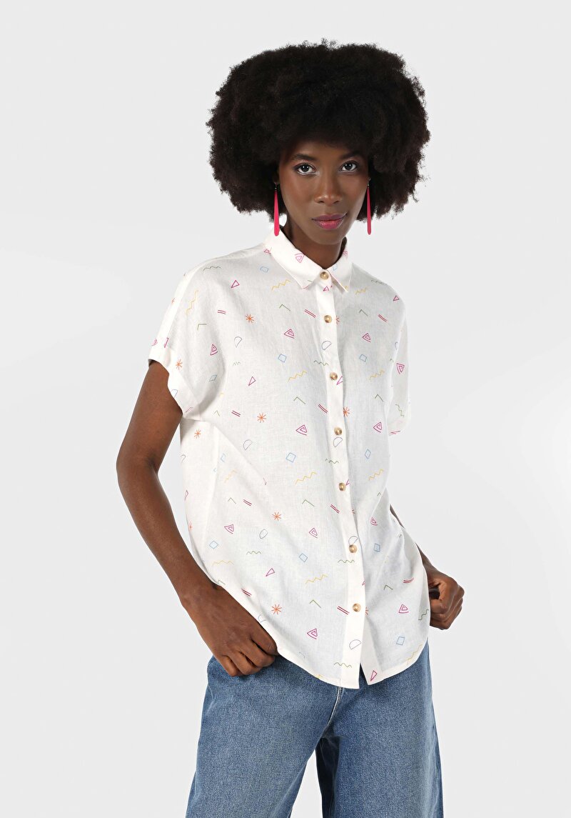 Regular Fit Shirt Neck  Kadın Beyaz Kısa Kol Gömlek