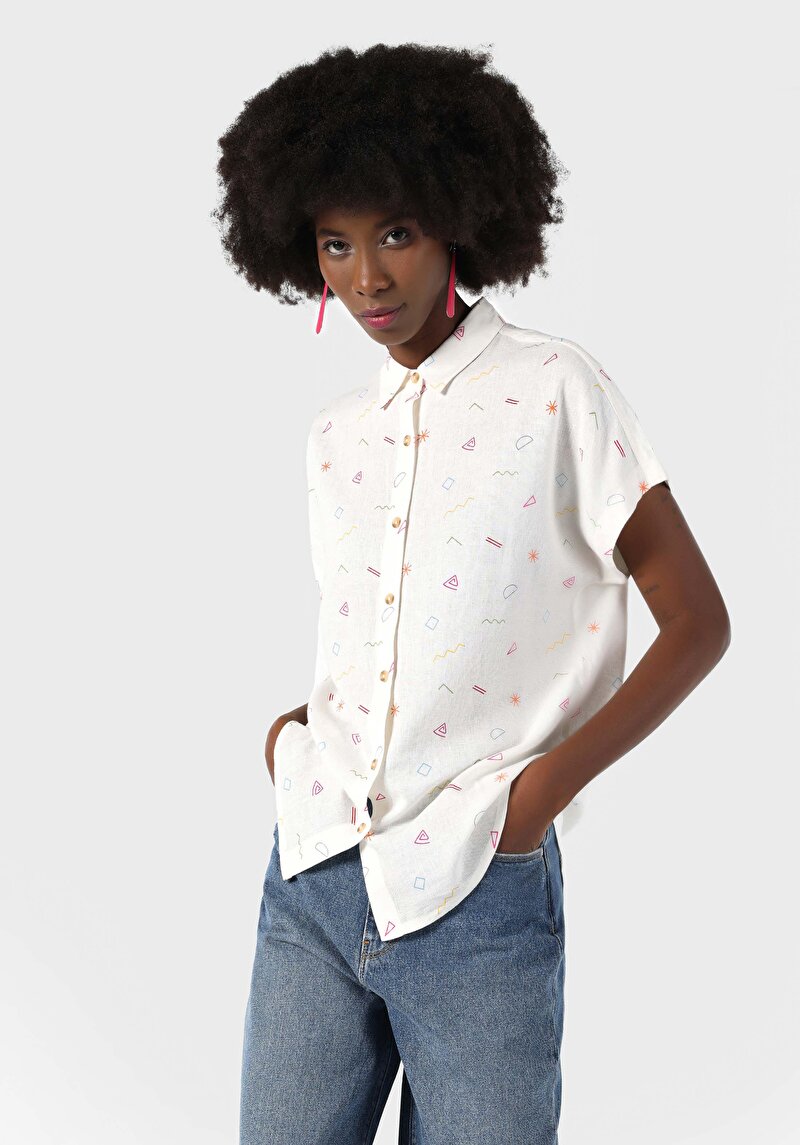 Regular Fit Shirt Neck  Kadın Beyaz Kısa Kol Gömlek