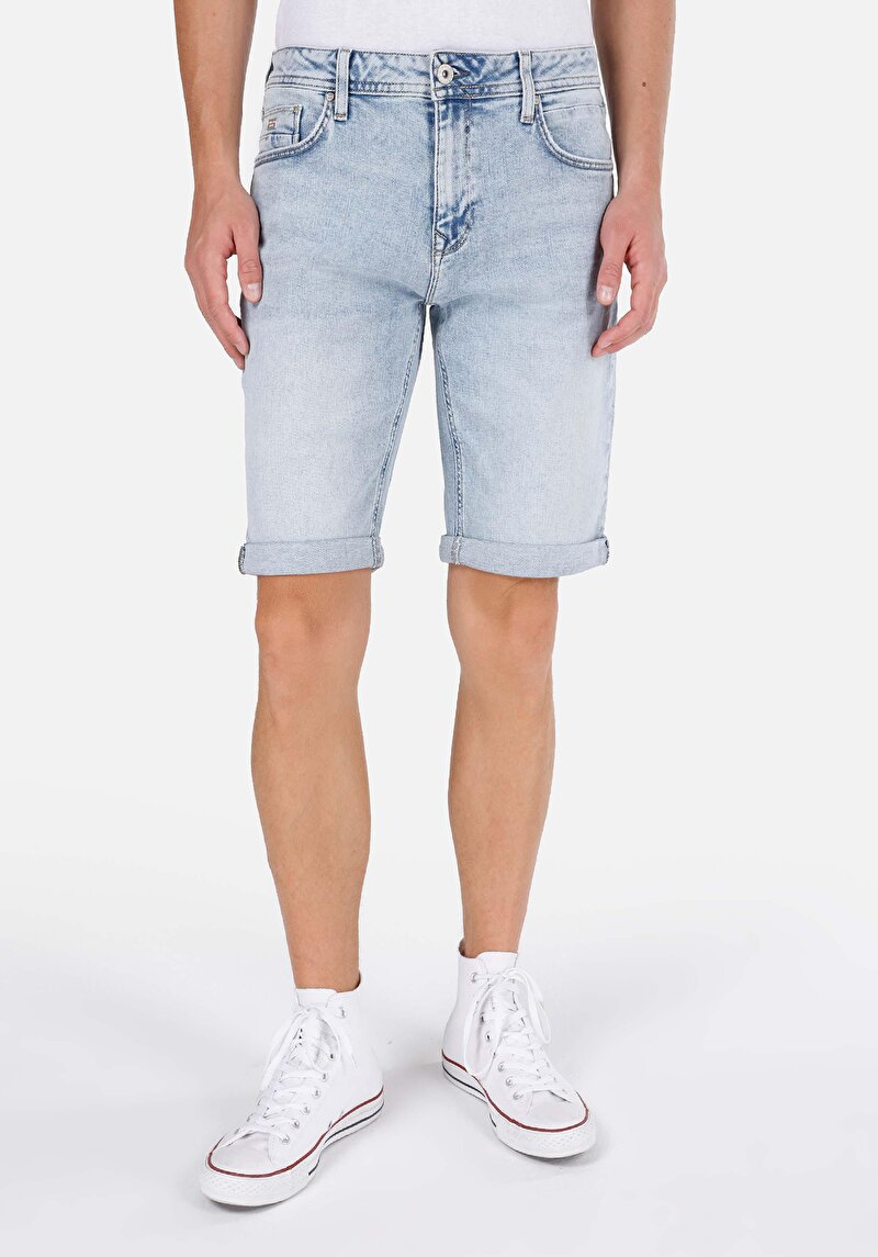 Straight Fit Düşük Bel Erkek Açik İndigo Jean Şort