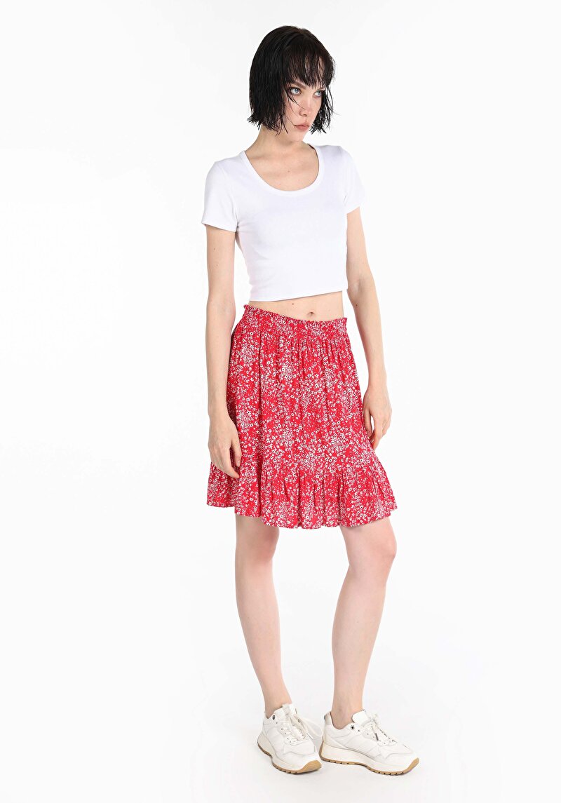 Mini Skirt Çiçekli Kadın Kirmizi Etek