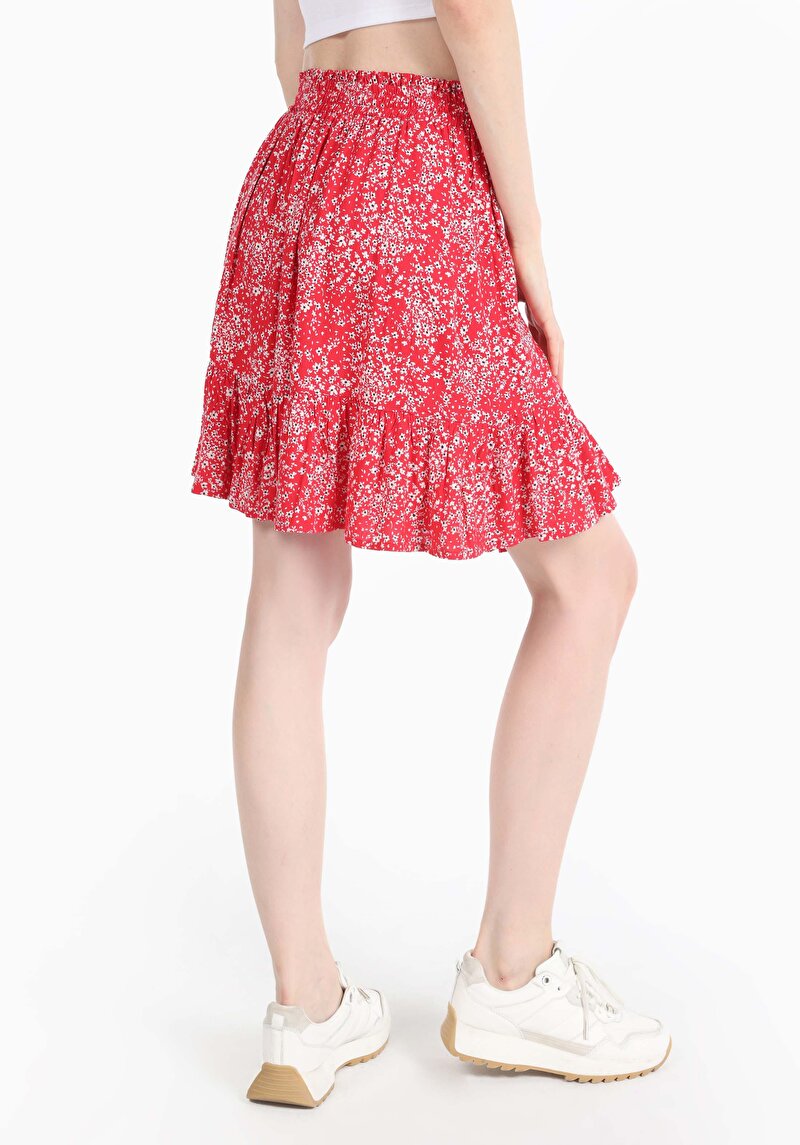 Mini Skirt Çiçekli Kadın Kirmizi Etek