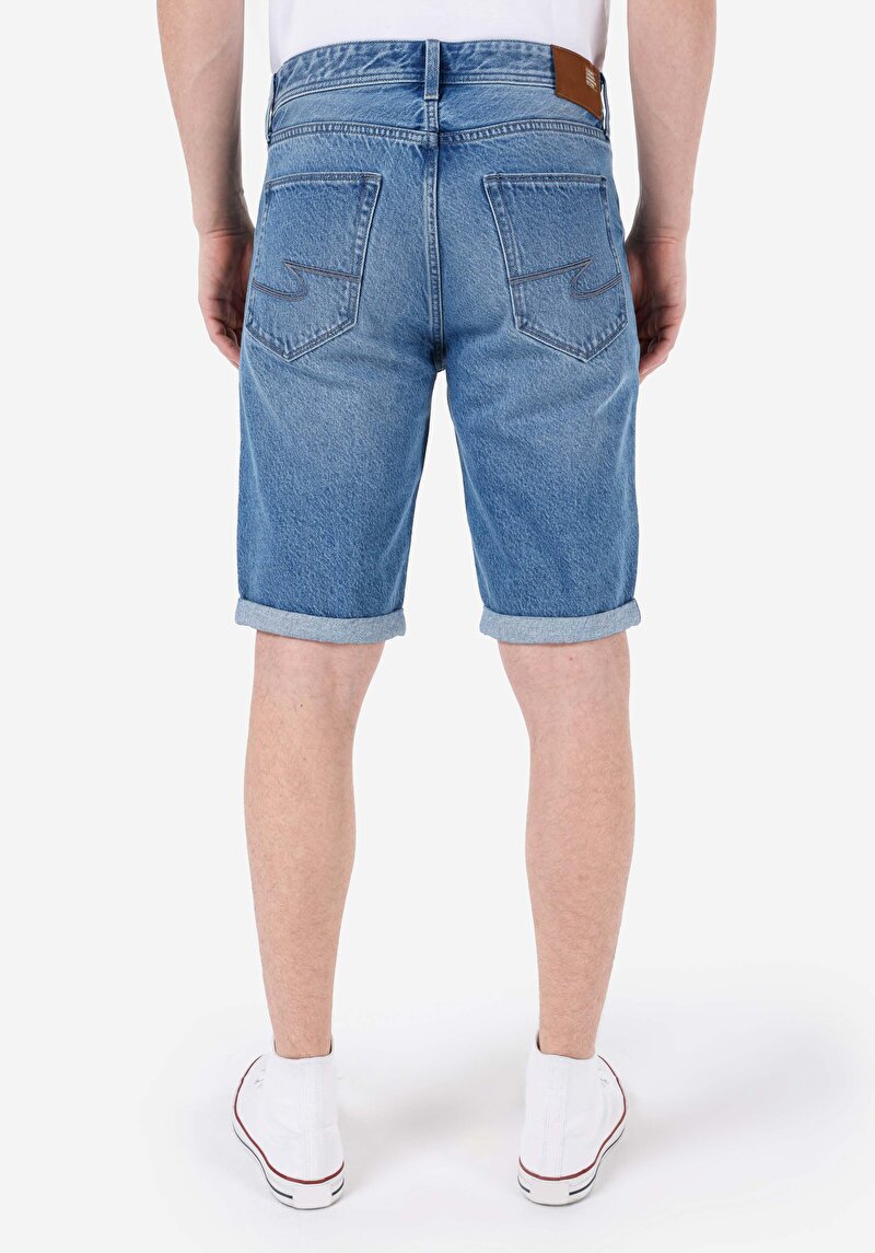 Regular Fit Orta Bel Erkek İndigo Pamuk Jean Şort