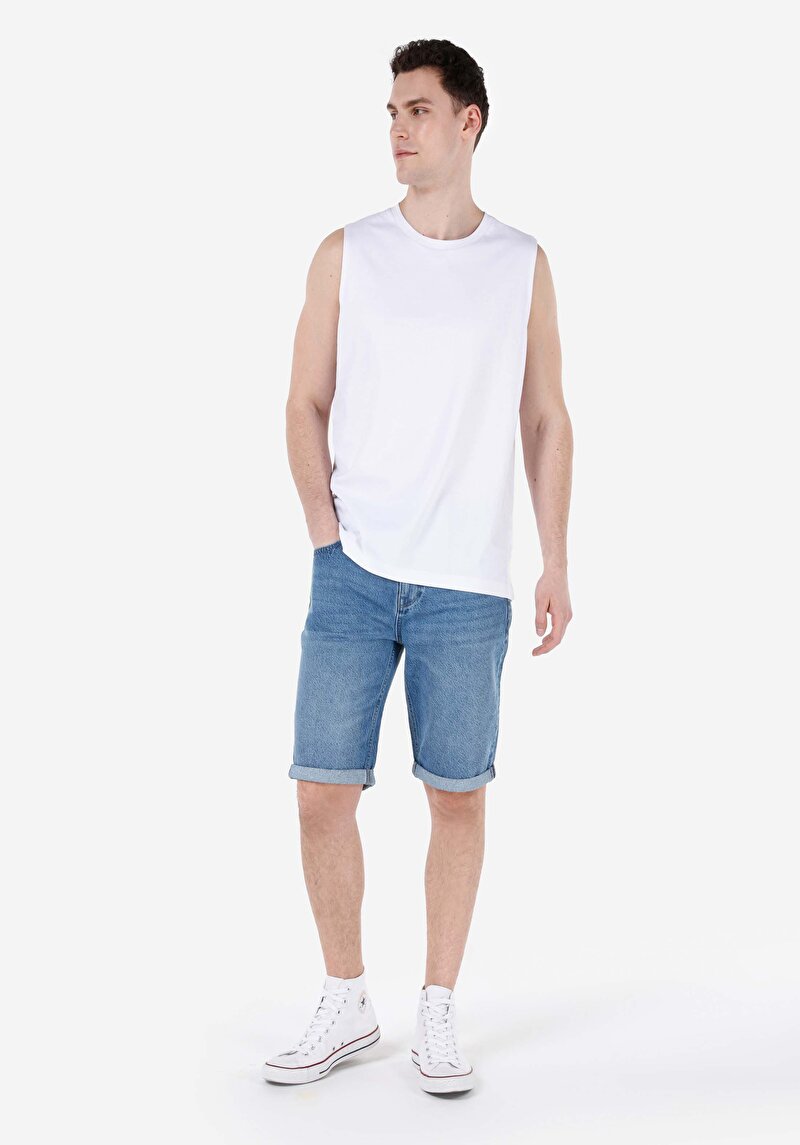 Regular Fit Orta Bel Erkek İndigo Pamuk Jean Şort