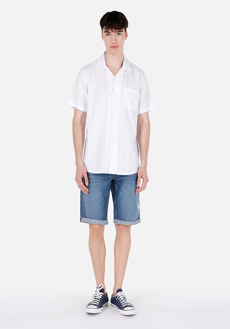 Regular Fit Orta Bel Erkek Mid İndigo Cepli Denim Jean Şort