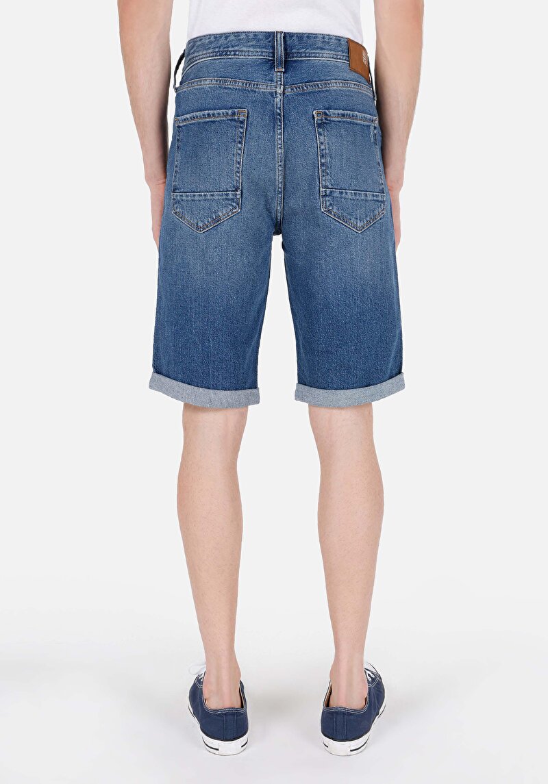 Regular Fit Orta Bel Erkek Mid İndigo Cepli Denim Jean Şort