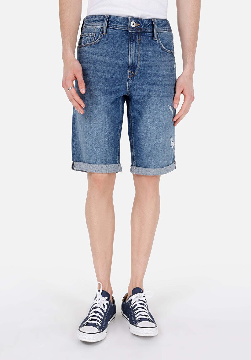 Regular Fit Orta Bel Erkek Mid İndigo Cepli Denim Jean Şort