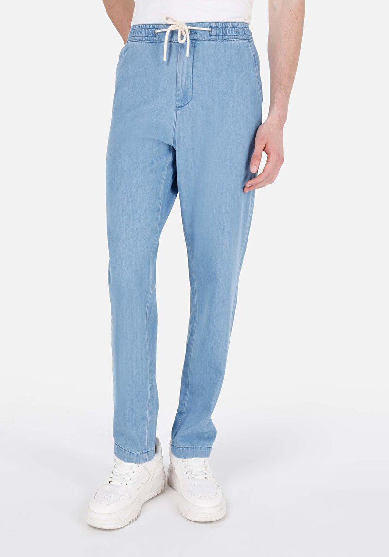 Jogger Fit Orta Bel Düz Paça Erkek İndigo Jean Pantolon