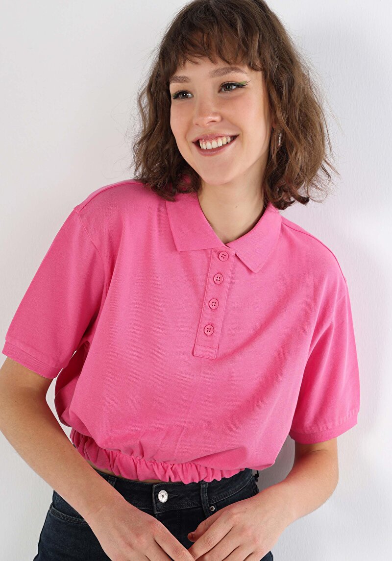 Regular Fit Polo Yaka Düz Kadın Pembe Kısa Kol Tişört