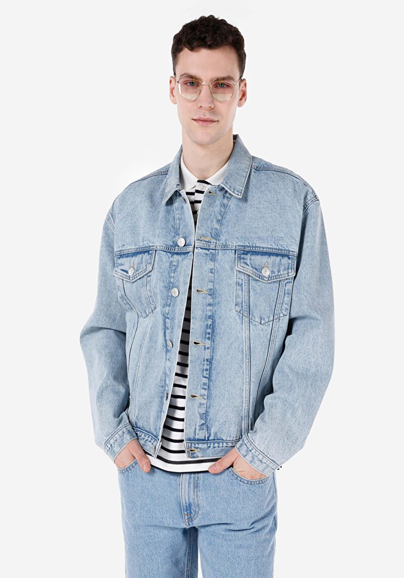 Regular Fit Düğmeli Astarsız Erkek Mavi Denim Ceket