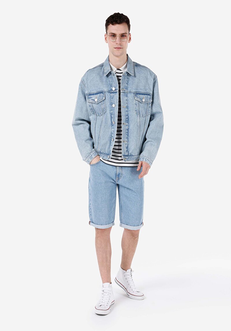 Regular Fit Düğmeli Astarsız Erkek Mavi Denim Ceket