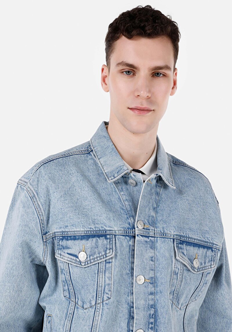 Regular Fit Düğmeli Astarsız Erkek Mavi Denim Ceket