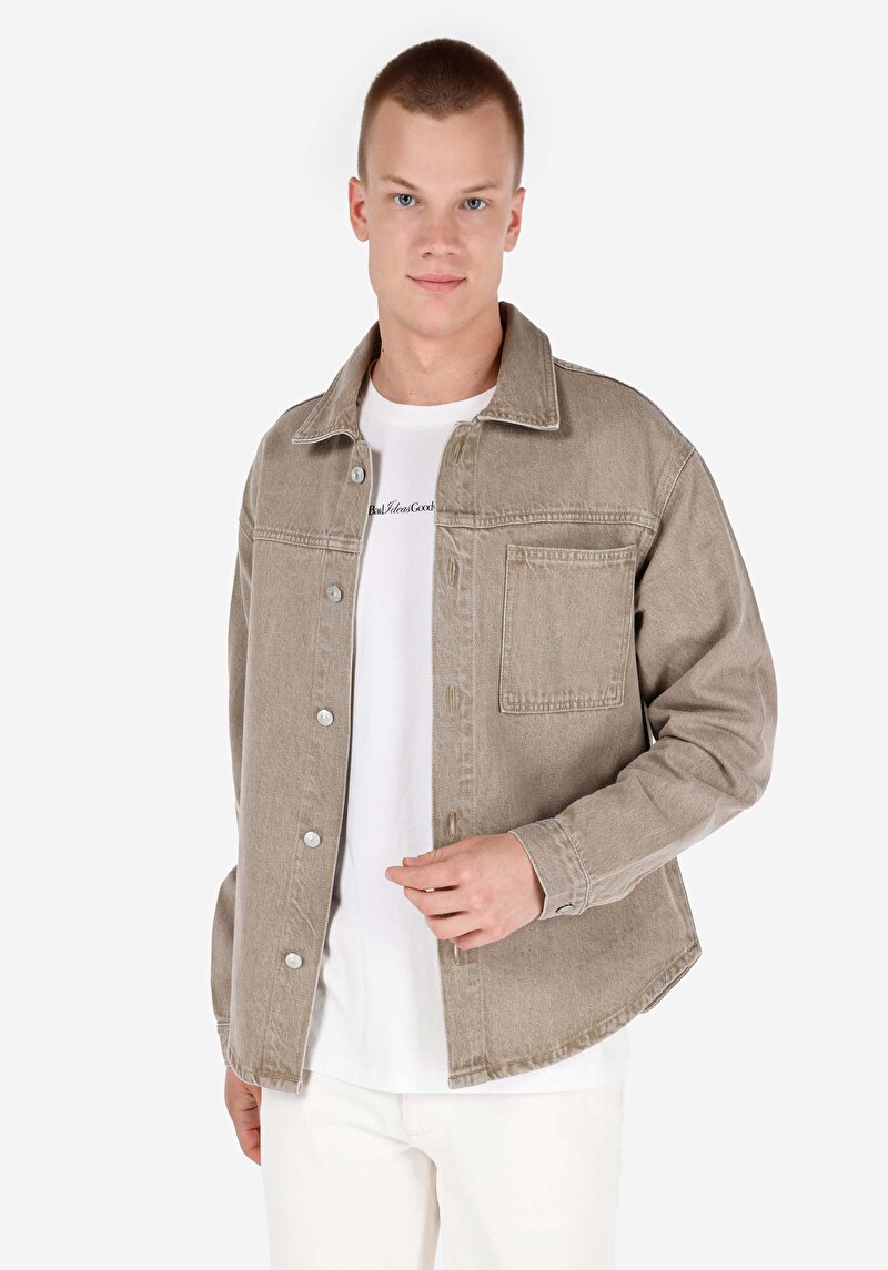 Oversize Fit Klasik Yaka Düz Erkek Bej Uzun Kol Gömlek