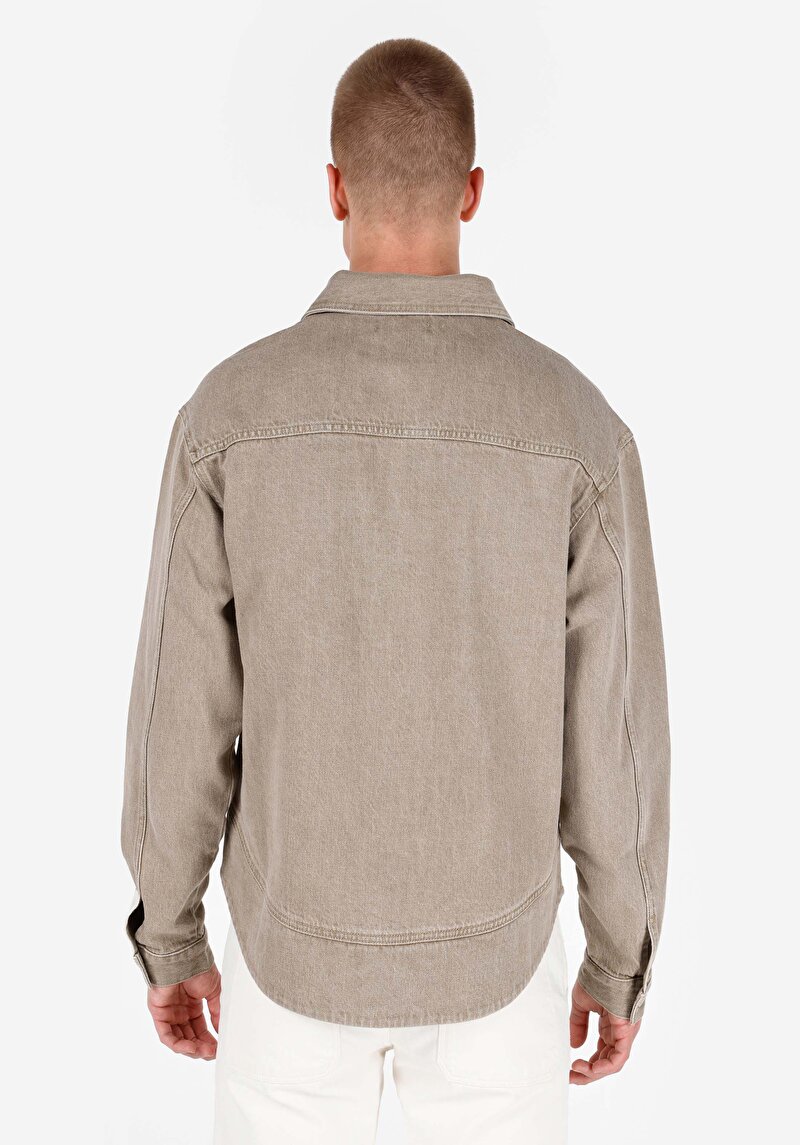 Oversize Fit Klasik Yaka Düz Erkek Bej Uzun Kol Gömlek