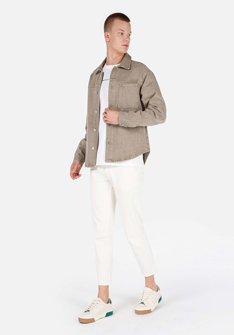 Oversize Fit Klasik Yaka Düz Erkek Bej Uzun Kol Gömlek