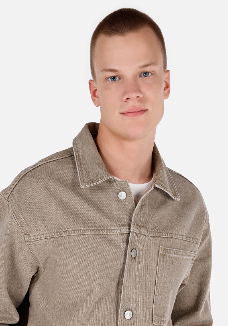 Oversize Fit Klasik Yaka Düz Erkek Bej Uzun Kol Gömlek