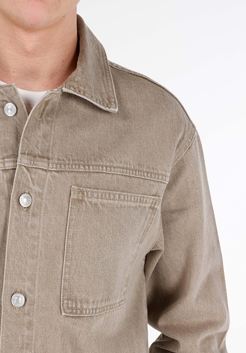 Oversize Fit Klasik Yaka Düz Erkek Bej Uzun Kol Gömlek