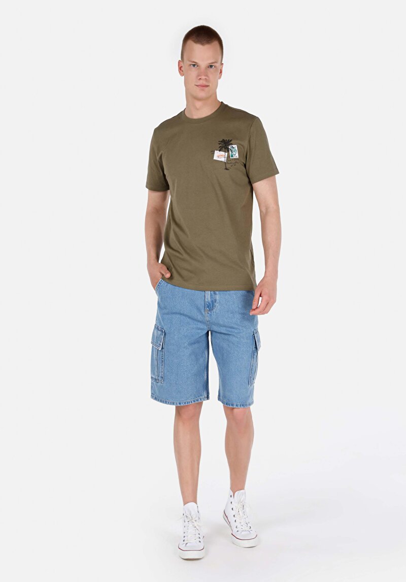 Cargo Fit Orta Bel Düz Erkek İndigo Jean Şort