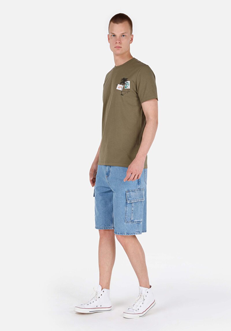 Cargo Fit Orta Bel Düz Erkek İndigo Jean Şort