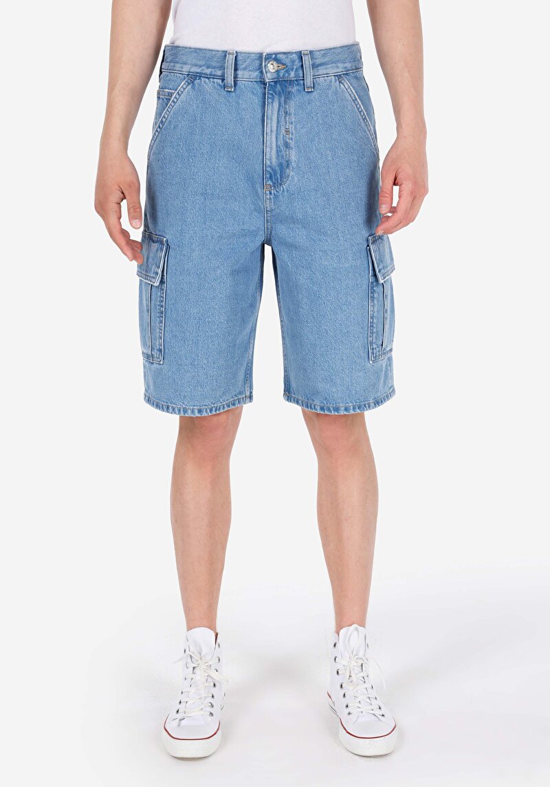 Cargo Fit Orta Bel Düz Erkek İndigo Jean Şort