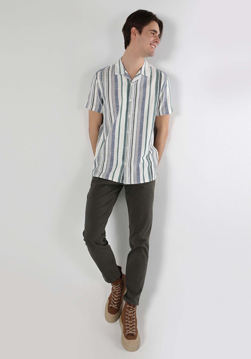 Regular Fit Shirt Neck Çizgili Erkek Yeşil Kısa Kol Gömlek