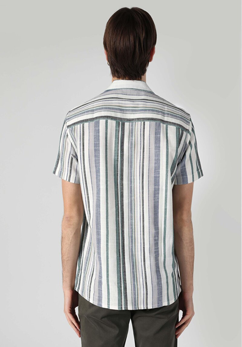 Regular Fit Shirt Neck Çizgili Erkek Yeşil Kısa Kol Gömlek