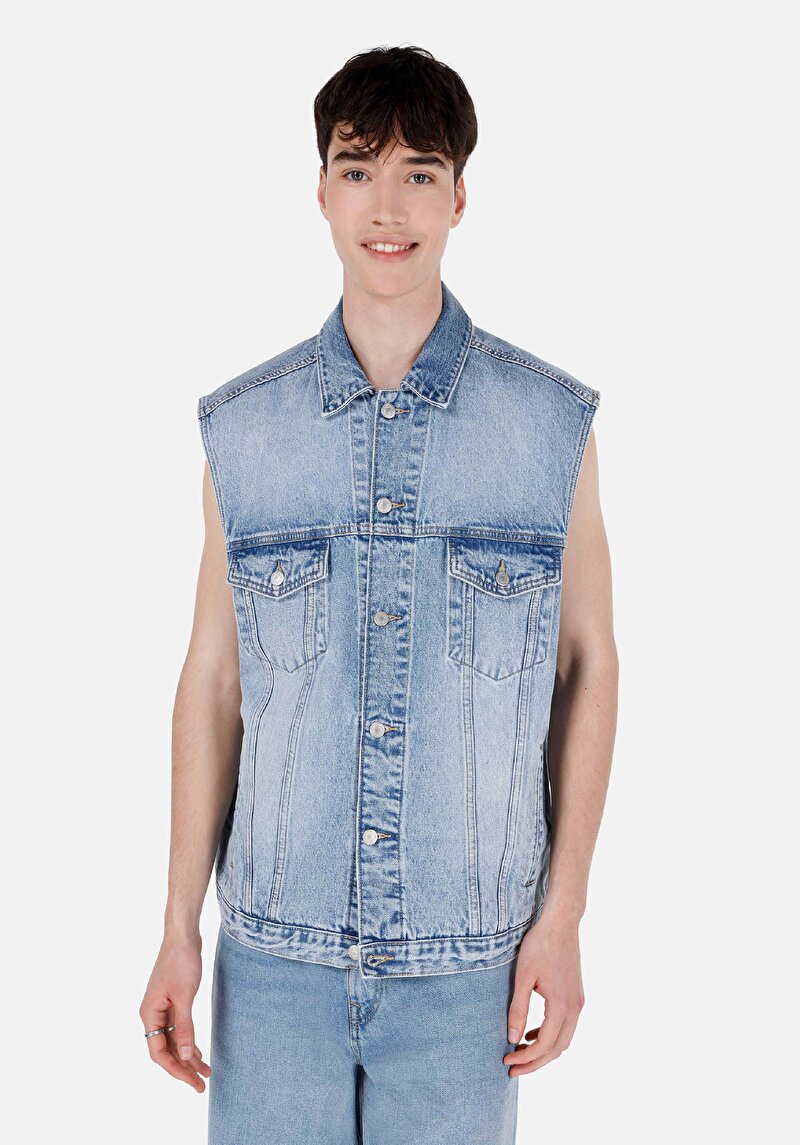 Oversize Klasik Yaka Düğmeli Astarsız Erkek Lacivert Yelek