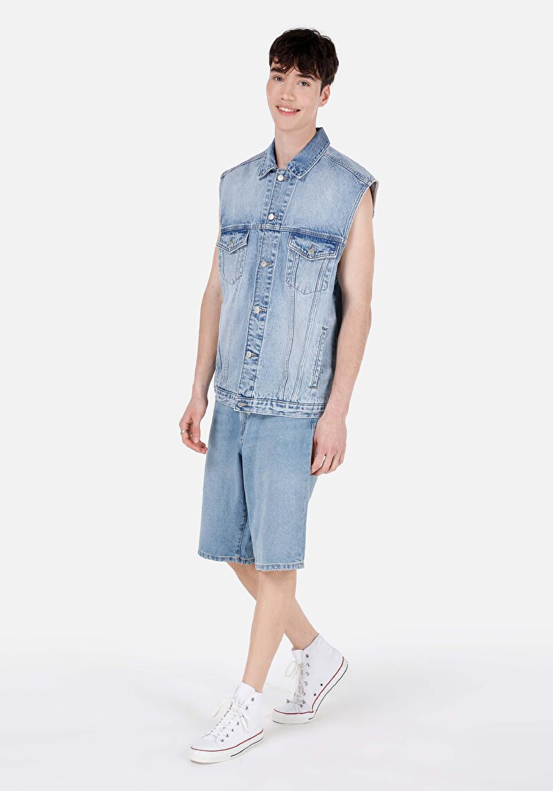 Oversize Klasik Yaka Düğmeli Astarsız Erkek Lacivert Yelek