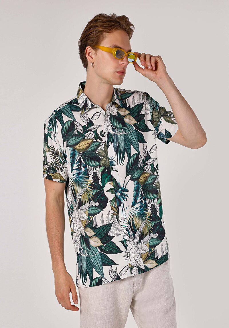 Regular Fit Viskoz Shirt Neck Baskılı Erkek Yeşil Kısa Kol Gömlek