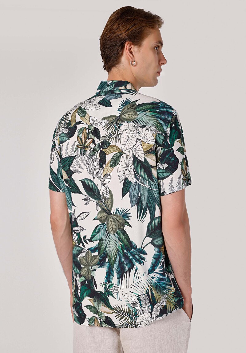 Regular Fit Viskoz Shirt Neck Baskılı Erkek Yeşil Kısa Kol Gömlek