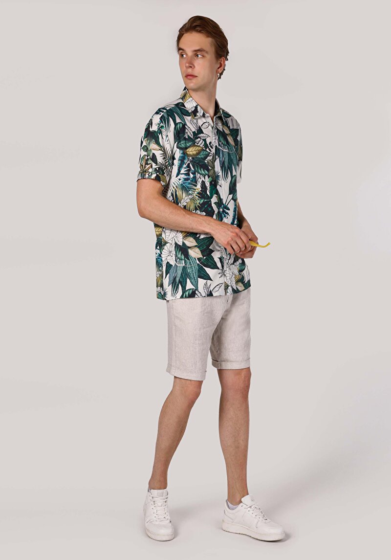 Regular Fit Viskoz Shirt Neck Baskılı Erkek Yeşil Kısa Kol Gömlek