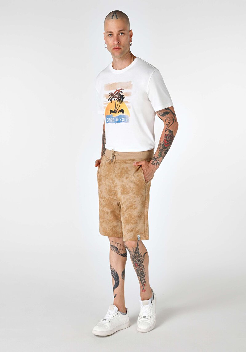 Regular Fit Orta Bel Baskılı Erkek Kahverengi Şort