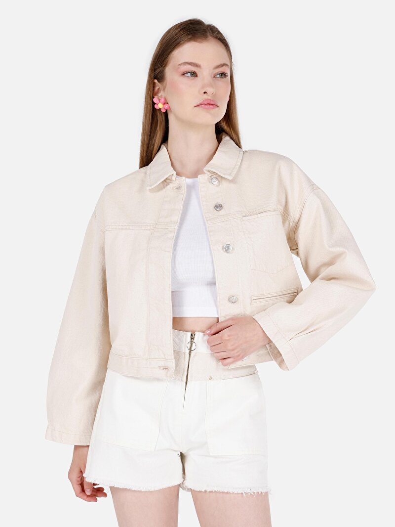 Oversize Fit Düğmeli Astarsız Kadın Beyaz Ceket