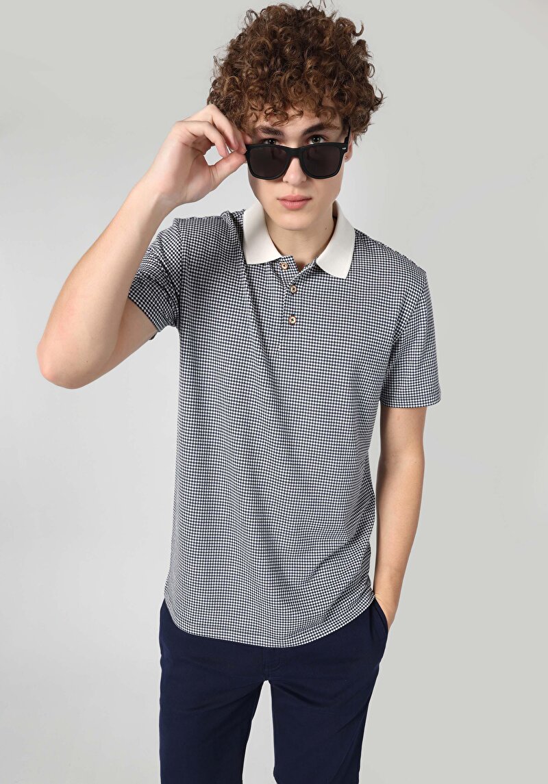 Regular Fit Polo Yaka Jakarlı Erkek Mavi Kısa Kol Tişört