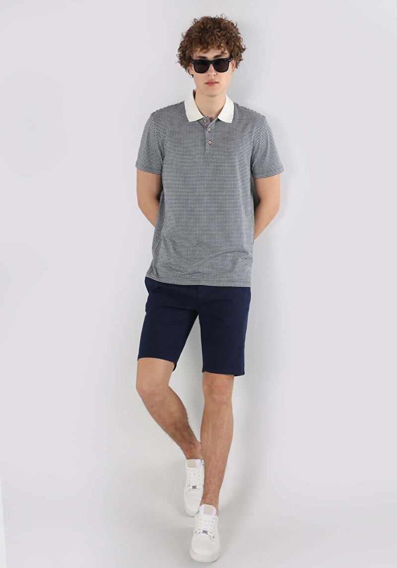 Regular Fit Polo Yaka Jakarlı Erkek Mavi Kısa Kol Tişört