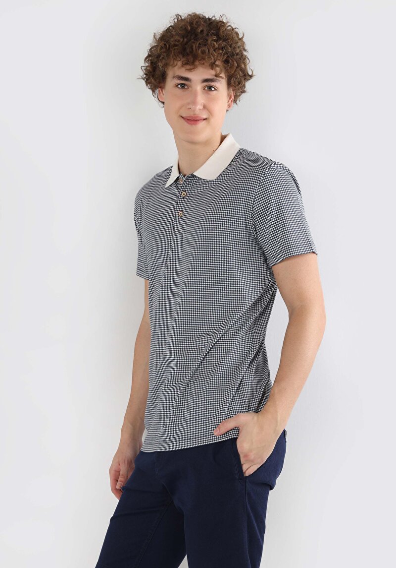 Regular Fit Polo Yaka Jakarlı Erkek Mavi Kısa Kol Tişört