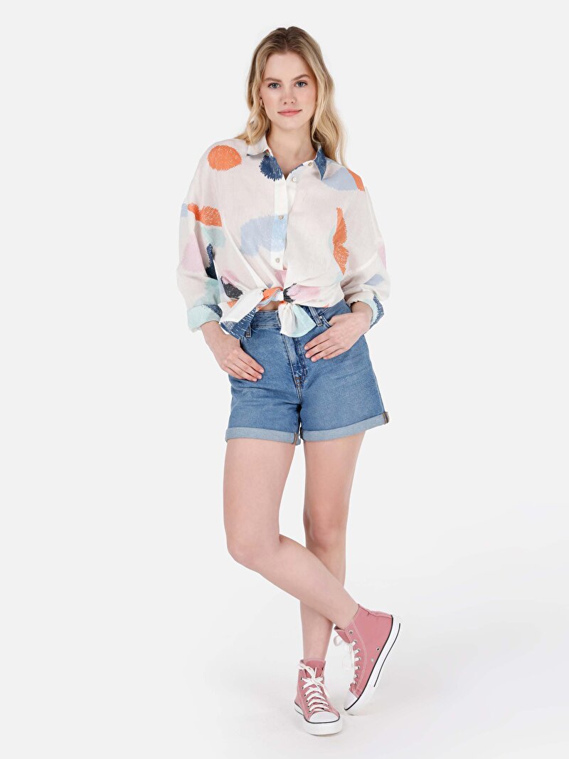 Mom Fit Yüksek Bel Kadın Mid İndigo Pamuklu Denim Jean Şort