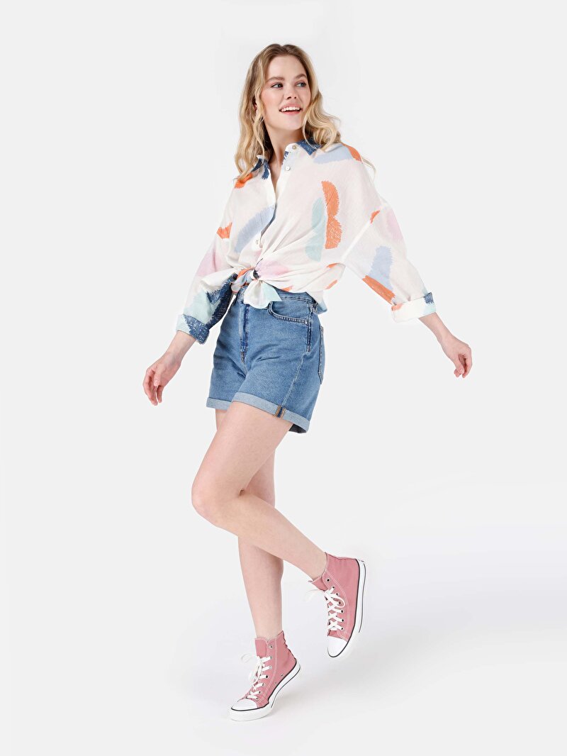 Mom Fit Yüksek Bel Kadın Mid İndigo Pamuklu Denim Jean Şort