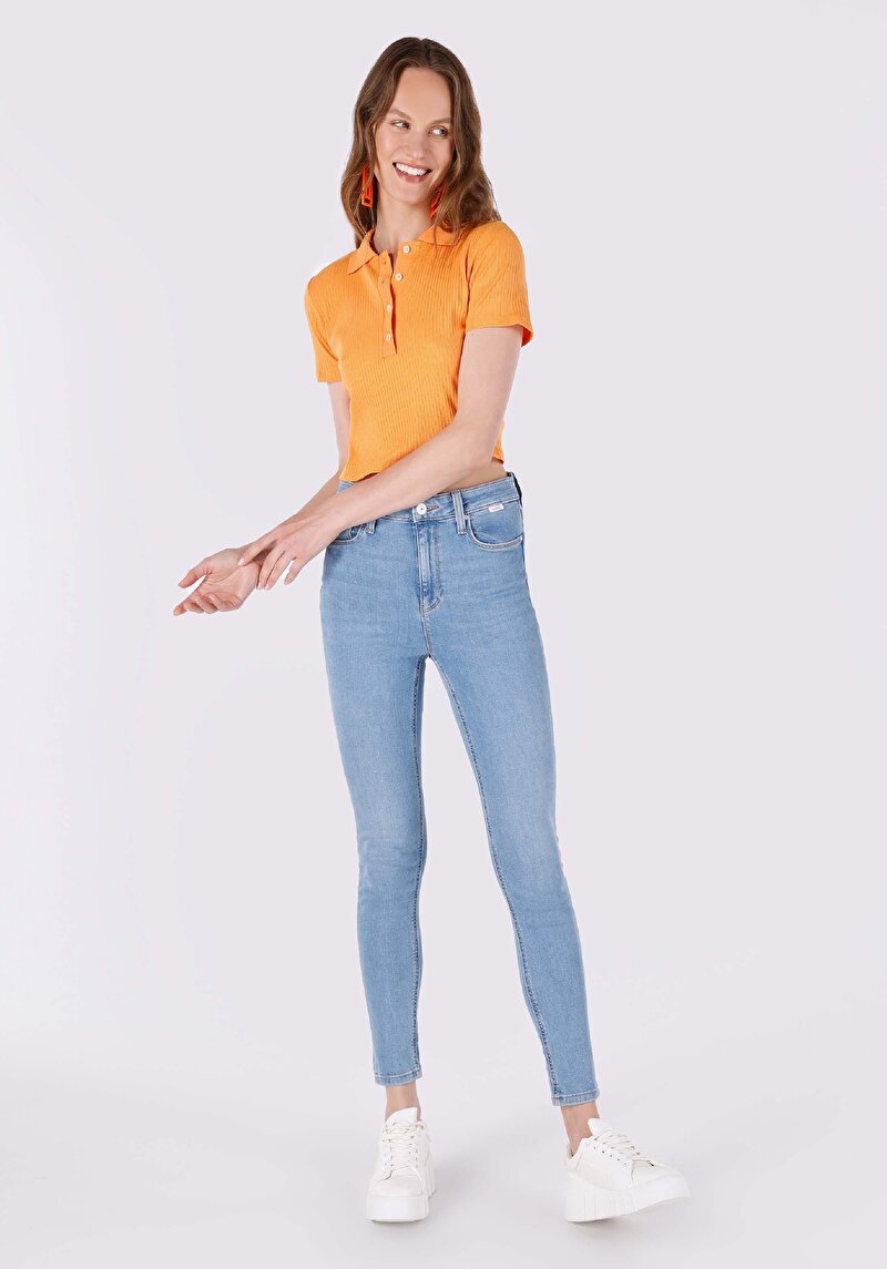 Skinny Fit Orta Bel Dar Paça Kadın İndigo Jean Pantolon